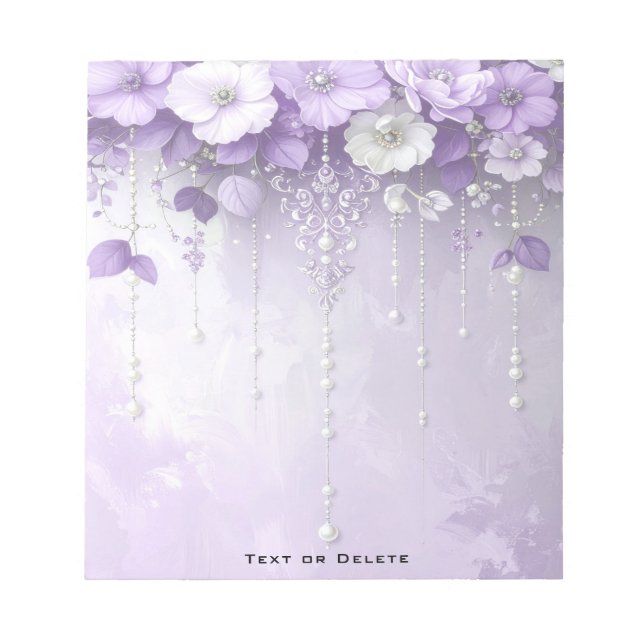 Purple Flowers with Dangling Pearls Notepad (Front)