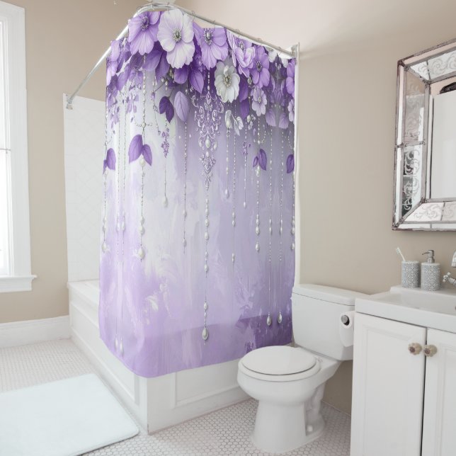 Purple Flowers with Dangling Pearls Shower Curtain (In Situ)