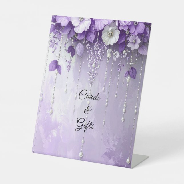Purple Flowers with Dangling Pearls Tabletop Signs (Front)
