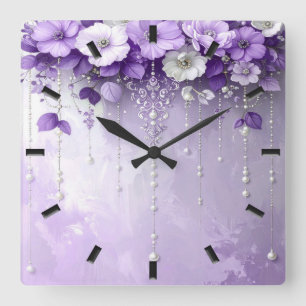 Purple Flowers with Dangling Pearls Wall Clock