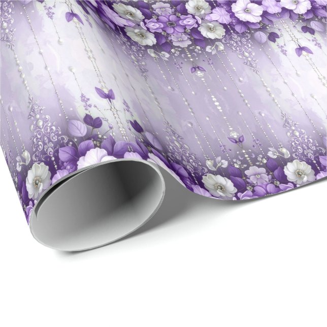 Purple Flowers with Dangling Pearls Wrapping Paper (Roll Corner)