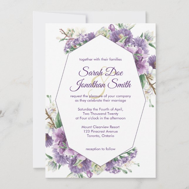 Purple Flowers with Frame Wedding Invitation (Front)
