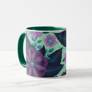 Purple Flowers with Leaves on Mint Background Mug