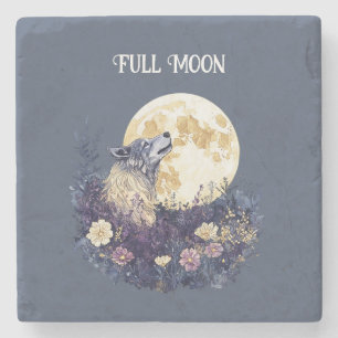 Purple Flowers Wolf Full Moon Stone Coaster