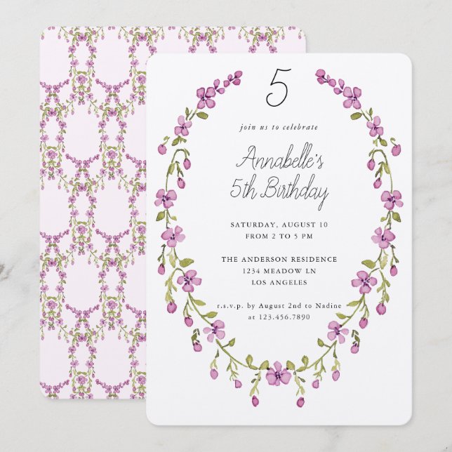 Purple Flowers Wreath Delicate Kids Birthday Party Invitation (Front/Back)