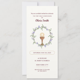 Purple flowers Wreath First Communion Invitation