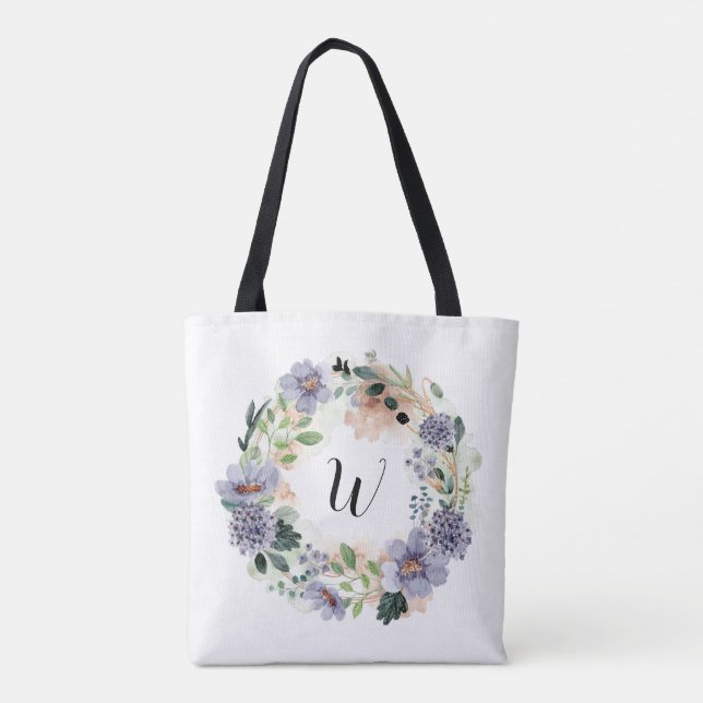 Purple Flowers Wreath Monogram Tote Bag (Back)