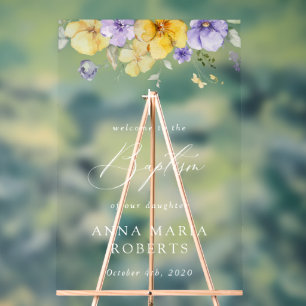 Purple Flowers, Yellow Flowers, Baptism Welcome Acrylic Sign
