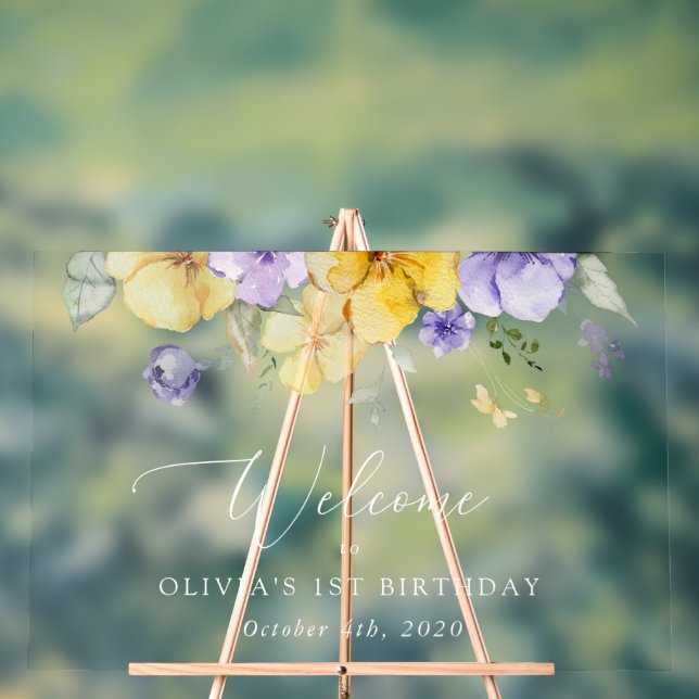 Purple Flowers, Yellow Flowers, Birthday Welcome Acrylic Sign (Neutral)