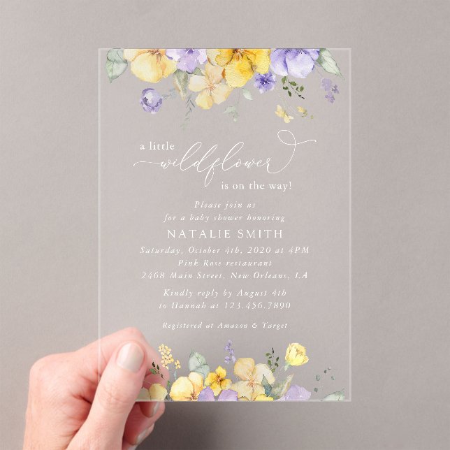 Purple Flowers, Yellow Flowers, Boho, Baby Shower Acrylic Invitations (Insitu (Handheld))