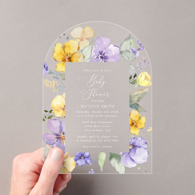 Purple Flowers, Yellow Flowers, Boho, Baby Shower Acrylic Invitations (Insitu (Handheld))