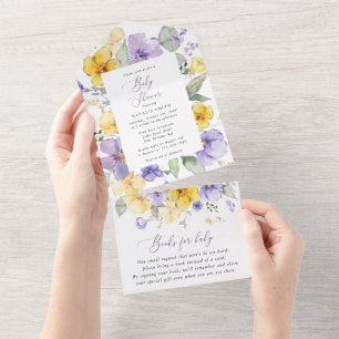 Purple Flowers, Yellow Flowers, Boho, Baby Shower All In One Invitation
