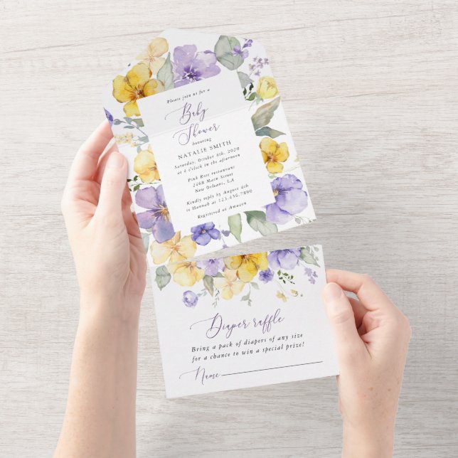 Purple Flowers, Yellow Flowers, Boho, Baby Shower All In One Invitation (Tearaway)