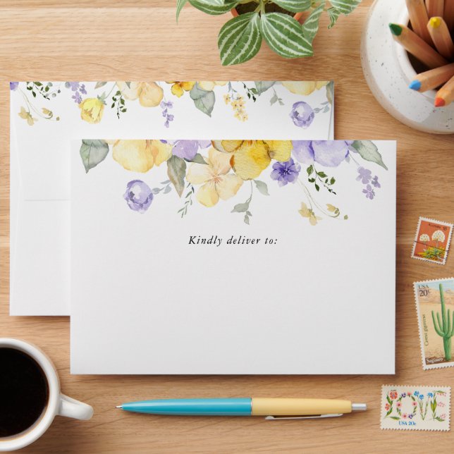 Purple Flowers, Yellow Flowers, Boho, Baby Shower Envelope (Desk)