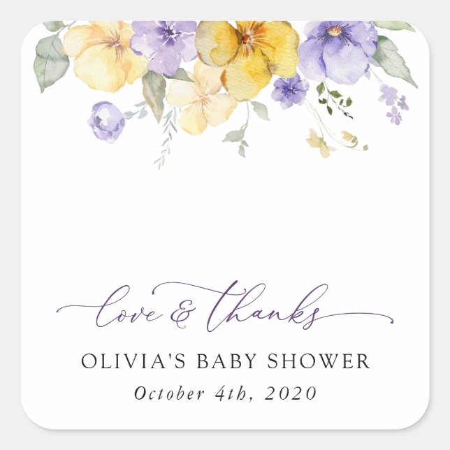 Purple Flowers, Yellow Flowers, Boho, Baby Shower Square Sticker (Front)