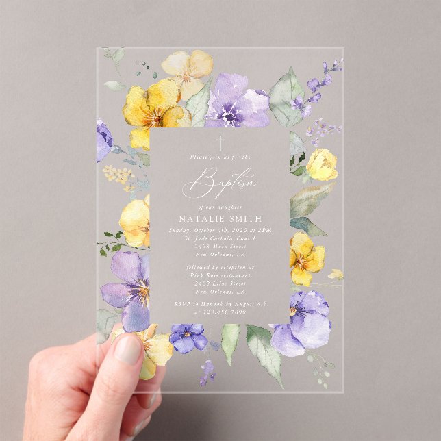 Purple Flowers, Yellow Flowers, Boho, Baptism Acrylic Invitations (Insitu (Handheld))