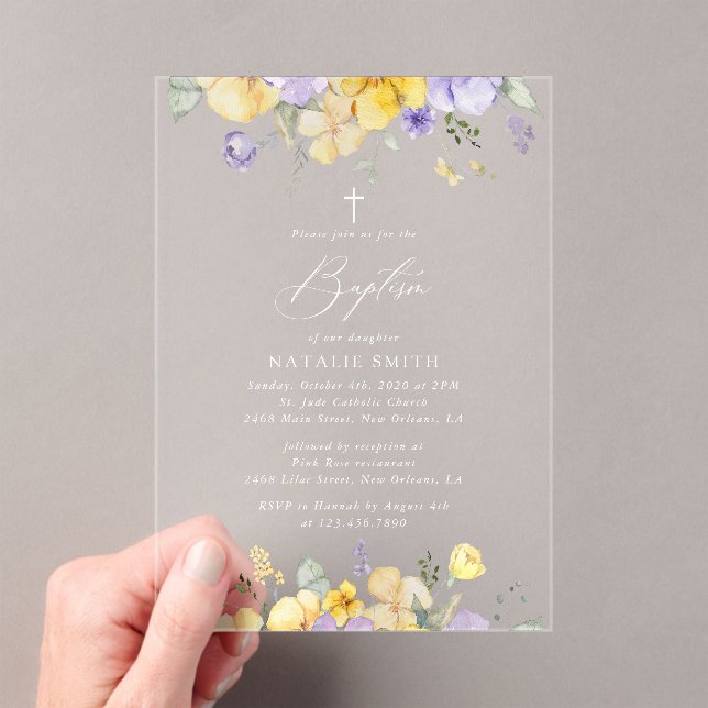 Purple Flowers, Yellow Flowers, Boho, Baptism Acrylic Invitations (Insitu (Handheld))