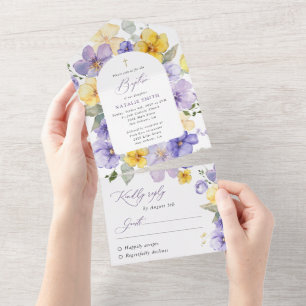 Purple Flowers, Yellow Flowers, Boho, Baptism All In One Invitation