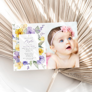 Purple Flowers, Yellow Flowers, Boho, Baptism Invitation