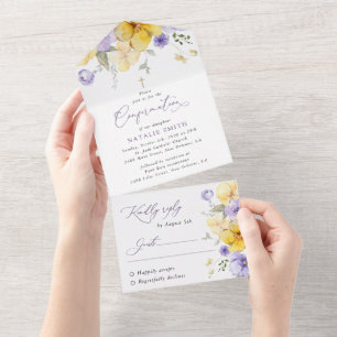 Purple Flowers, Yellow Flowers, Boho, Confirmation All In One Invitation