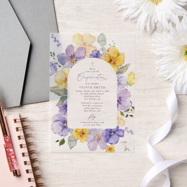 Purple Flowers, Yellow Flowers, Boho, Confirmation Vellum Invitations (Wedding)