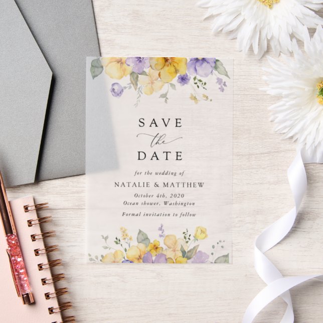 Purple Flowers, Yellow Flowers, Boho Save The Date Vellum Invitations (Wedding)