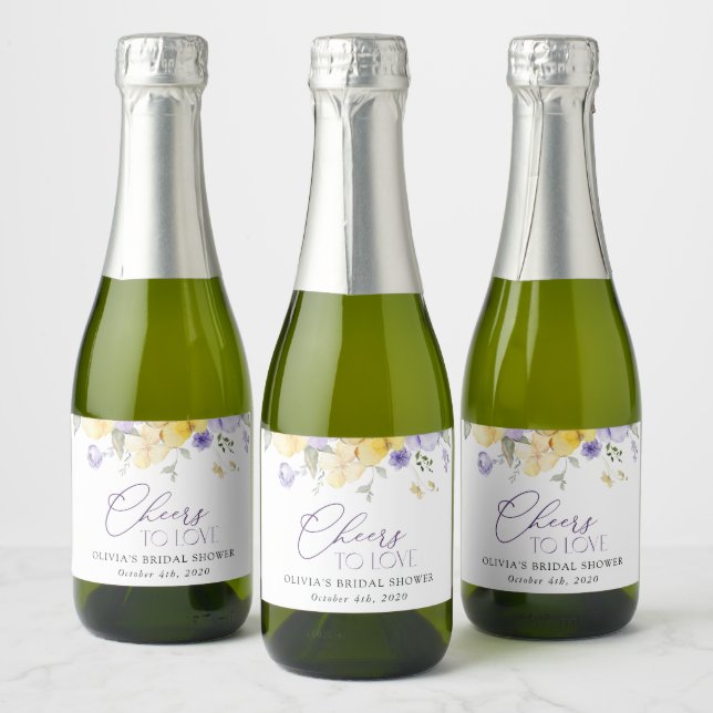 Purple Flowers, Yellow Flowers, Bridal Shower Sparkling Wine Label (Bottles)
