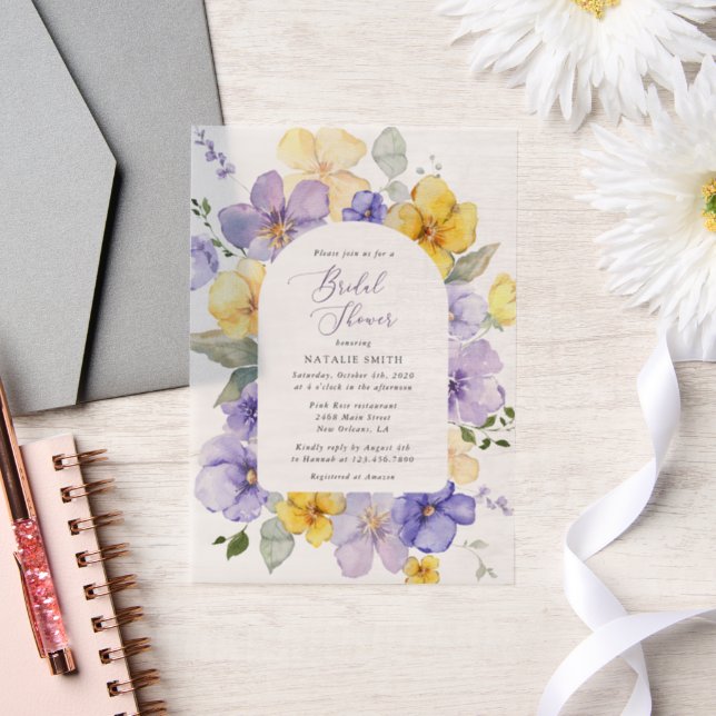 Purple Flowers, Yellow Flowers, Bridal Shower Vellum Invitations (Wedding)