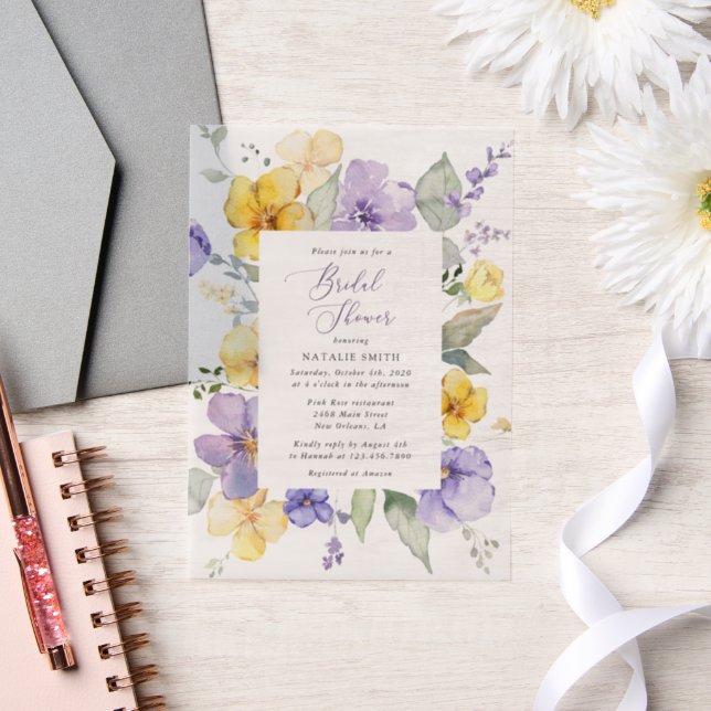 Purple Flowers, Yellow Flowers, Bridal Shower Vellum Invitations (Wedding)