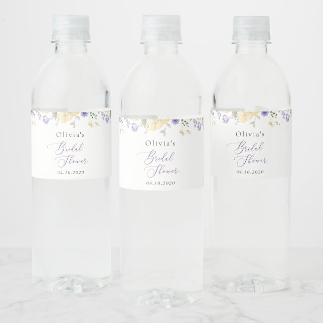 Purple Flowers, Yellow Flowers, Bridal Shower Water Bottle Label (Bottles)