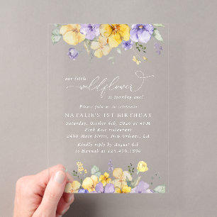 Purple Flowers, Yellow Flowers, First Birthday Acrylic Invitations