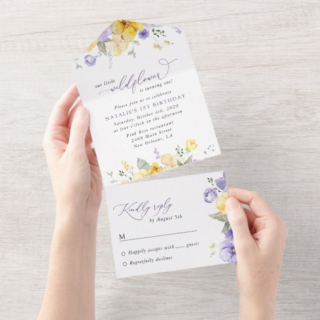 Purple Flowers, Yellow Flowers, First Birthday All In One Invitation (Tearaway)