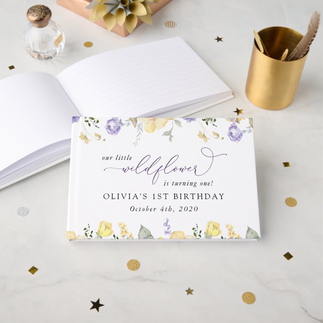Purple Flowers, Yellow Flowers, First Birthday Guest Book (Front Open)