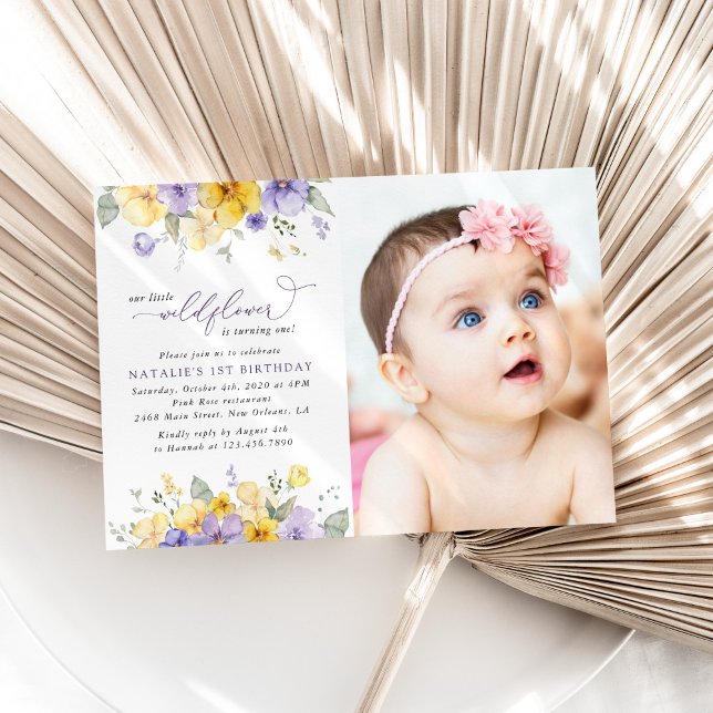 Purple Flowers, Yellow Flowers, First Birthday Invitation (Creator Uploaded)