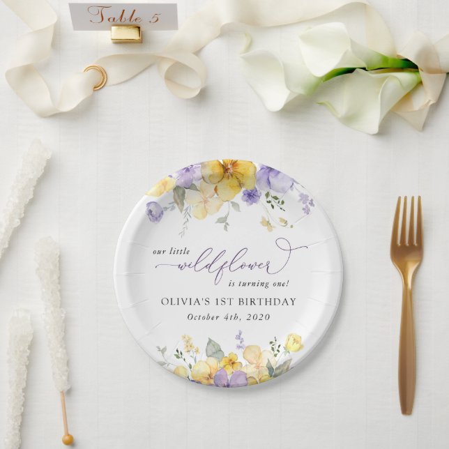 Purple Flowers, Yellow Flowers, First Birthday Paper Plate (Wedding)