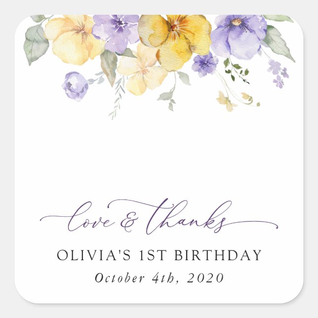 Purple Flowers, Yellow Flowers, First Birthday Square Sticker (Front)