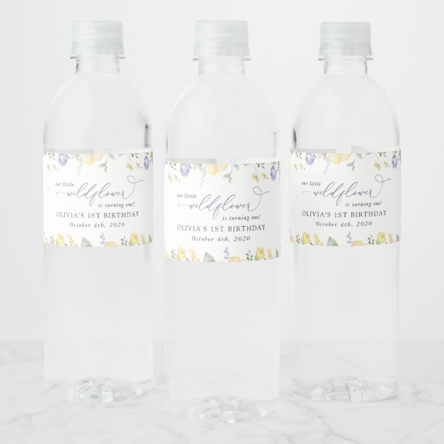 Purple Flowers, Yellow Flowers, First Birthday Water Bottle Label (Bottles)