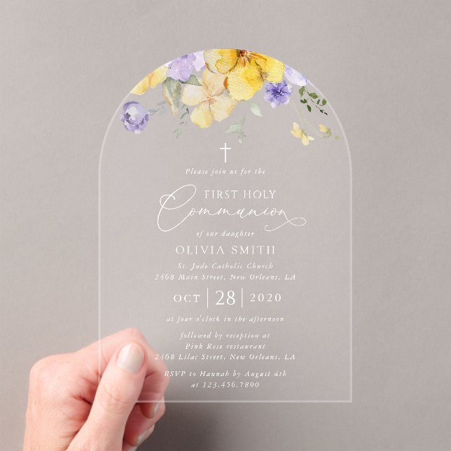 Purple Flowers, Yellow Flowers, First Communion Acrylic Invitations (Insitu (Handheld))
