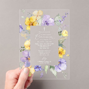 Purple Flowers, Yellow Flowers, First Communion Acrylic Invitations
