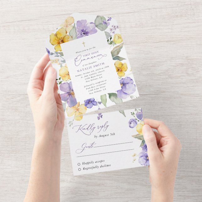 Purple Flowers, Yellow Flowers, First Communion All In One Invitation (Tearaway)