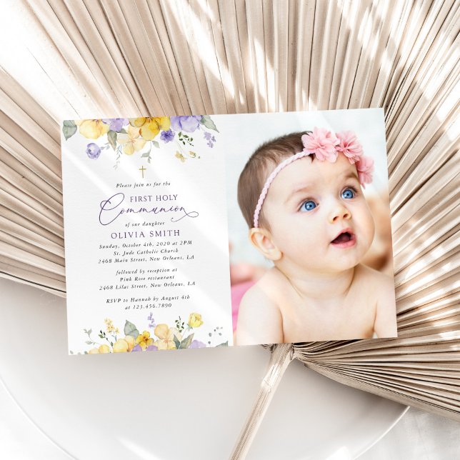 Purple Flowers, Yellow Flowers, First Communion Invitation (Creator Uploaded)