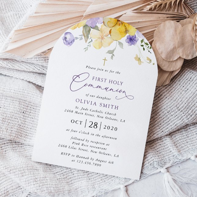 Purple Flowers, Yellow Flowers, First Communion Invitation (Creator Uploaded)