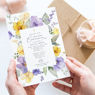 Purple Flowers, Yellow Flowers, First Communion Invitation