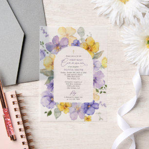 Purple Flowers, Yellow Flowers, First Communion Vellum Invitations