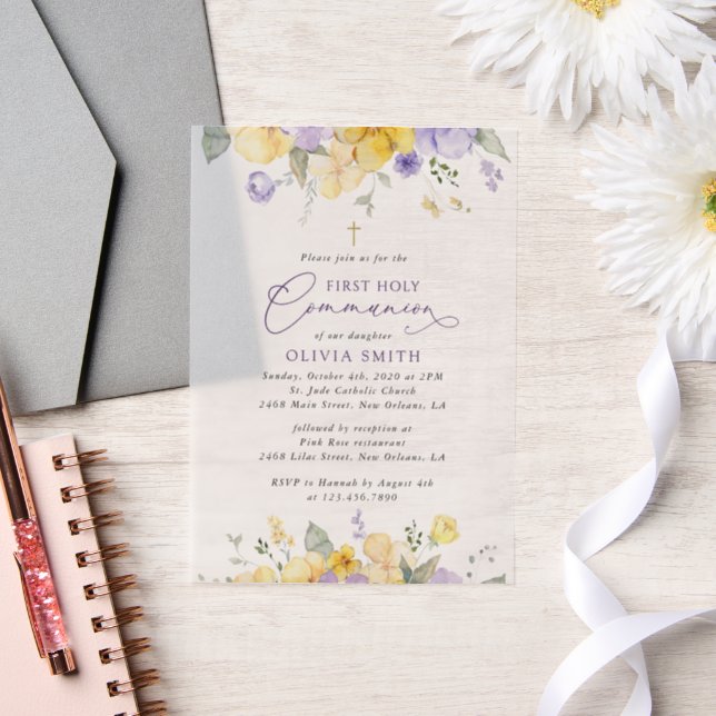 Purple Flowers, Yellow Flowers, First Communion Vellum Invitations (Wedding)
