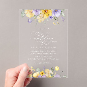 Purple Flowers, Yellow Flowers, Greenery, Wedding Acrylic Invitations