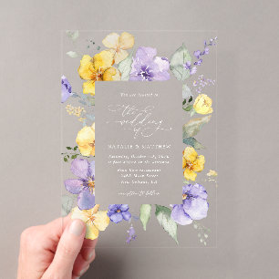 Purple Flowers, Yellow Flowers, Greenery, Wedding Acrylic Invitations
