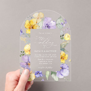 Purple Flowers, Yellow Flowers, Greenery, Wedding Acrylic Invitations