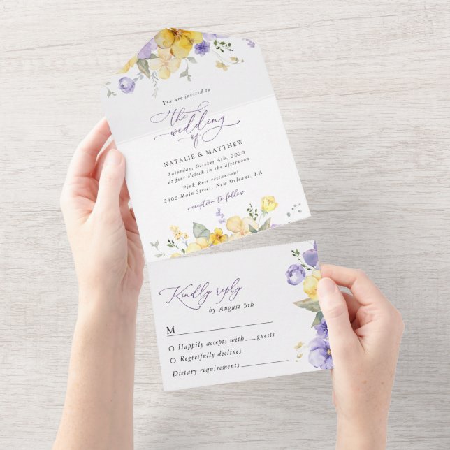 Purple Flowers, Yellow Flowers, Greenery, Wedding All In One Invitation (Tearaway)