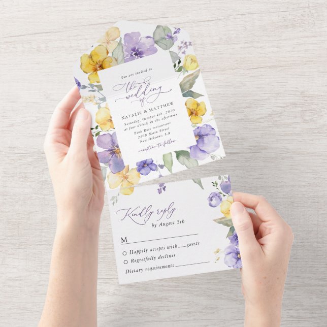 Purple Flowers, Yellow Flowers, Greenery, Wedding All In One Invitation (Tearaway)